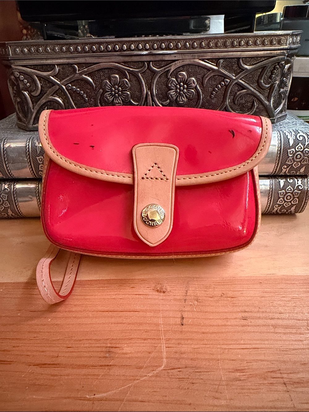 💕Pink Patent Leather Wristlet with Tan Trim